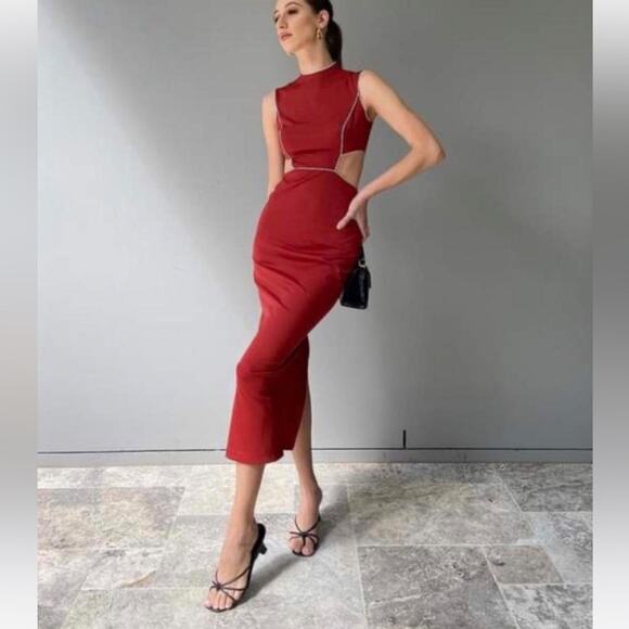 ARITZIA Krupa Et Al Sahara Dress Cinnamon Red w/cream piping & side cutouts US 8 - Picture 1 of 8